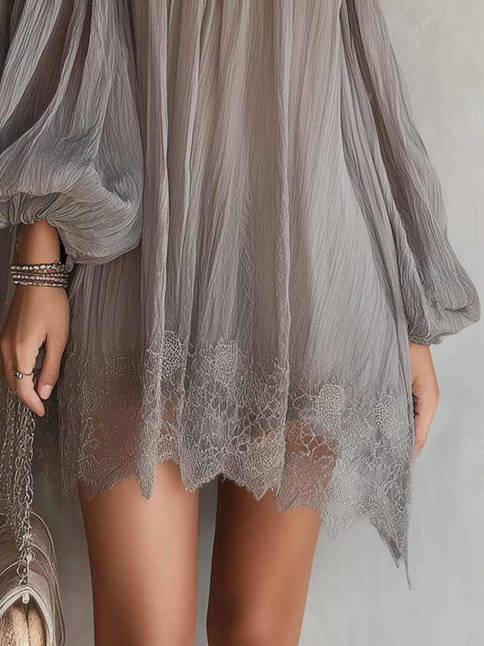 Grey Chiffon Off-shoulder Lace-trimmed Mini Dress