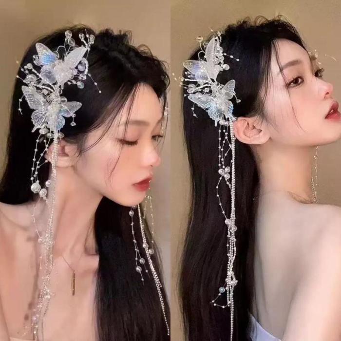 Butterfly Hair Clip Fairy Temperament Sweet Princess Hairpin - Long Butterfly Beaded Tassel Hair Clip for Women Fashion Bride Hair Accessories