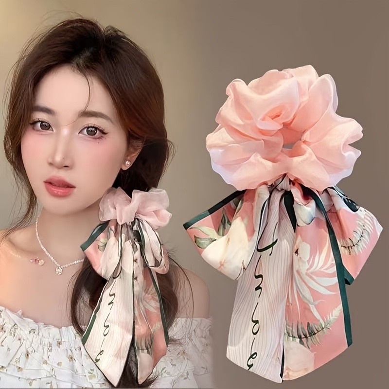 3pcs Set of Premium Floral Print Bow Large Ponytail Scrunchies for Women, Hair Ties, Hair Bands, and Ribbon Hair Accessories