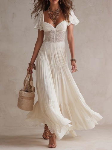 White Sweetheart Neckline Lace Trim Fitted Waist Maxi Dress