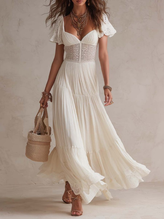 White Sweetheart Neckline Lace Trim Fitted Waist Maxi Dress