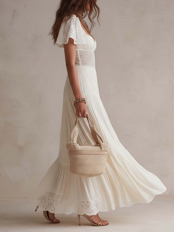 White Sweetheart Neckline Lace Trim Fitted Waist Maxi Dress