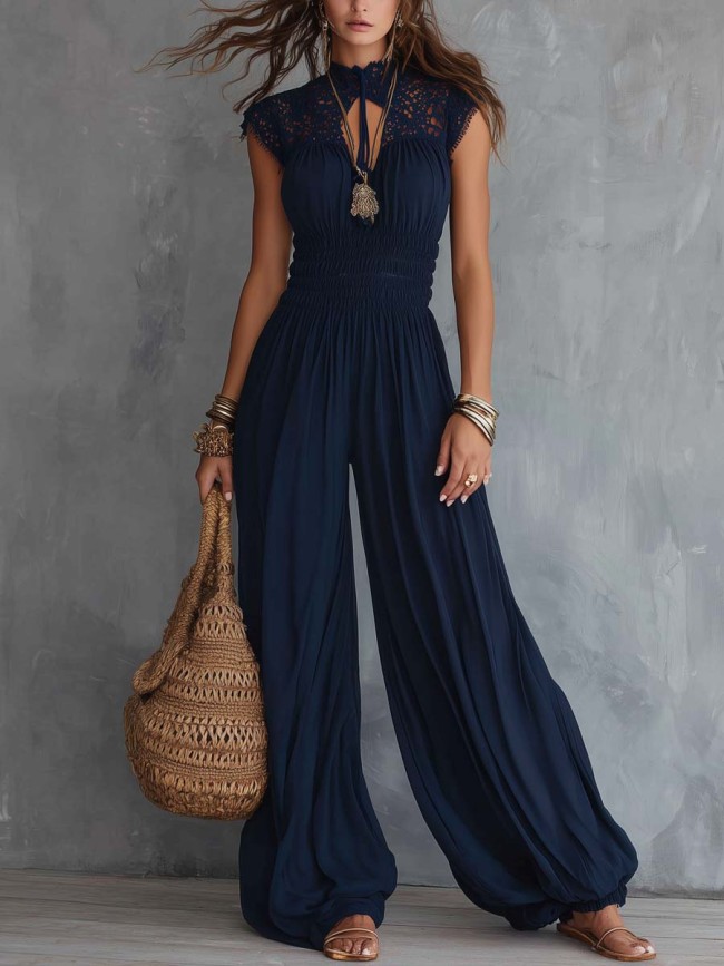 Navy Blue Keyhole Collar Lace Chiffon Jumpsuit
