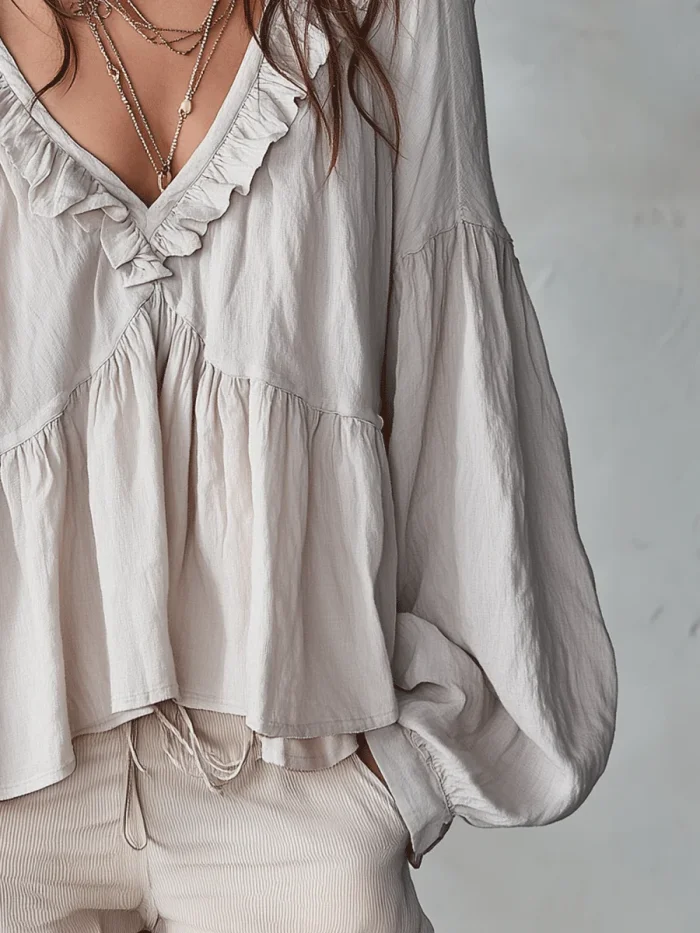 Women's Solid Color Retro Ruffled Casual Cotton Linen Shirt