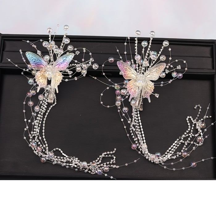 2pcs Shiny Rhinestone Butterfly Pearl Tassel Hair Clip Side Clip Hanfu Headdress Wedding Additions Side Clip Headband Ribbon Bridal Additions Photo Matching