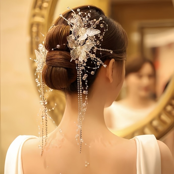 2pcs Shiny Rhinestone Butterfly Pearl Tassel Hair Clip Side Clip Hanfu Headdress Wedding Additions Side Clip Headband Ribbon Bridal Additions Photo Matching