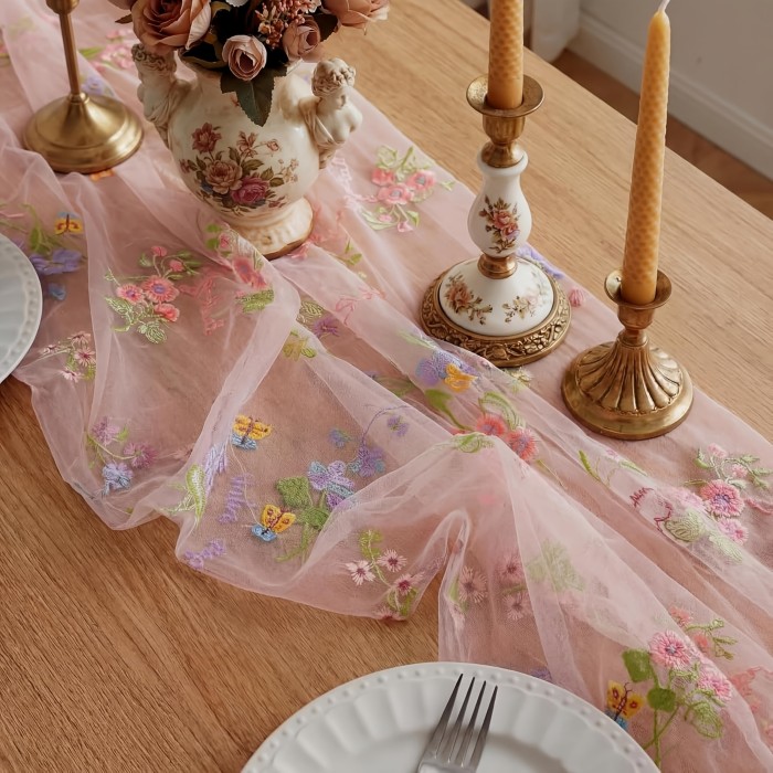 10Ft Floral Garden Tulle Table Runner for Spring, Perfect for Decorating Your Dining Table During Holidays, Weddings, Baby Showers, And Birthdays