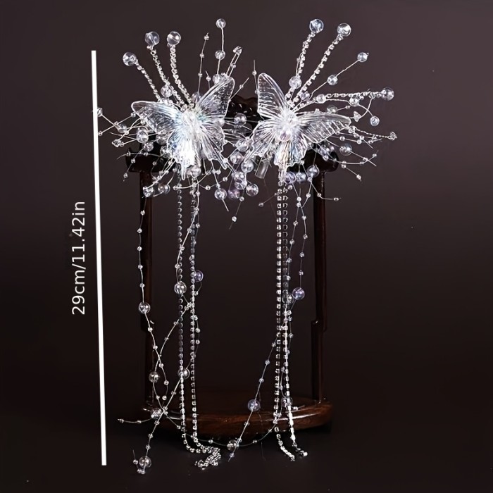 2pcs Shiny Rhinestone Butterfly Pearl Tassel Hair Clip Side Clip Hanfu Headdress Wedding Additions Side Clip Headband Ribbon Bridal Additions Photo Matching