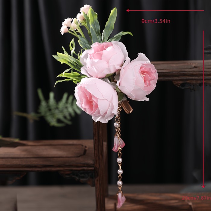 1pc Gentle and Endless Fairy-Tale Style Pink Artificial Flower Tassel Hair Clip for Women, Perfect for Vacation Vibes, Photoshoots, and Stunning Hair Accessories