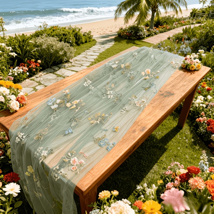 10Ft Floral Garden Tulle Table Runner for Spring, Perfect for Decorating Your Dining Table During Holidays, Weddings, Baby Showers, And Birthdays