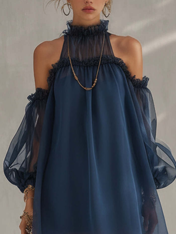 Navy Blue Tulle Halter Neck Off-shoulder Chiffon Mini Dress