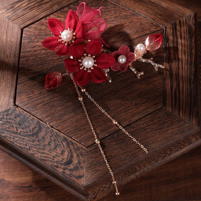 2pcs Ancient Style Hairpins with Tassels, Ultra-Ethereal Voile, -Embellished Hanfu Hair Accessories, Headwear, Ancient Costume Flower Hairpins with Noble Tassels, Pure Handmade Hairpins