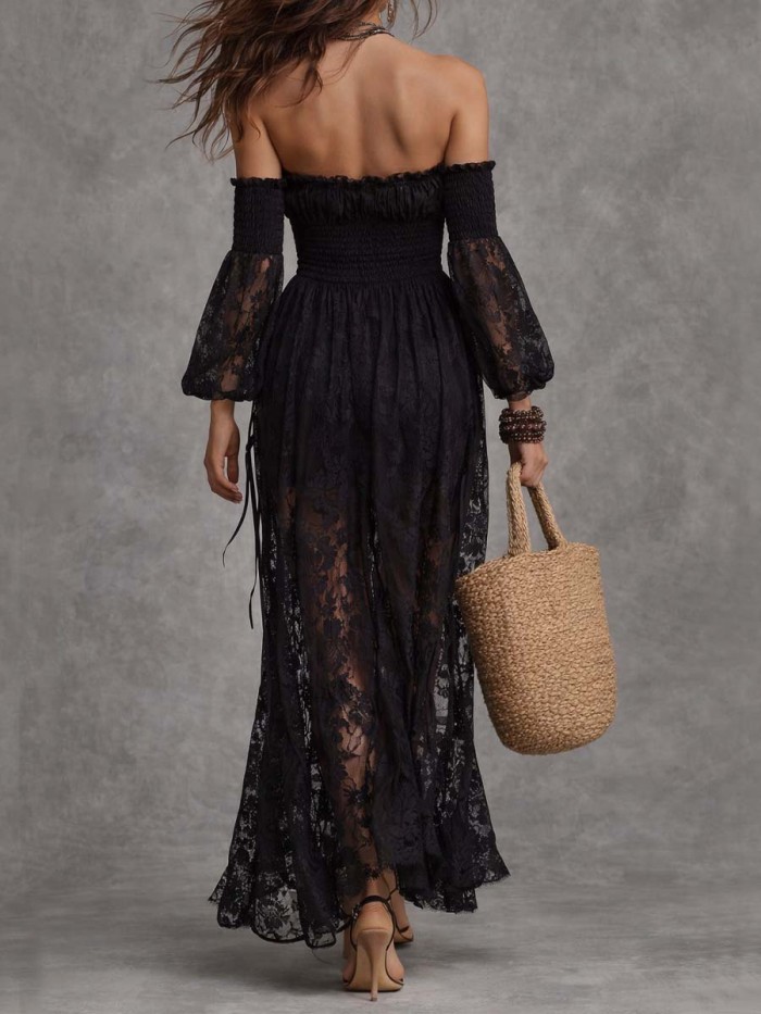 Black Off-shoulder Lace Pleated Maxi Dress