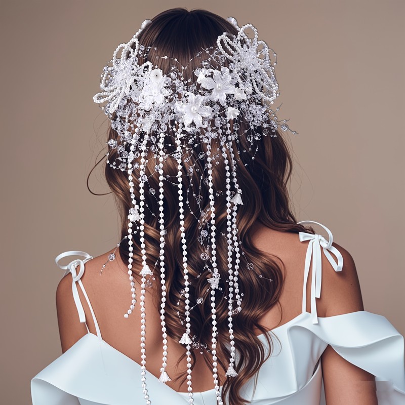 Elegant White Flower Handmade Beaded Tassel Hair Accessory, Suitable for Various Occasions Such As Girlfriend Gatherings And Parties HP741