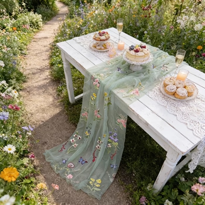 Embroidered Butterfly & Floral Table Runner Suitable for Weddings - Elegant Sheer Table Decor with Embroidery, Fabric, Length for Chair Back, Veil or Party Decoration, Multi-Use Decorative Table Runner for Special Events