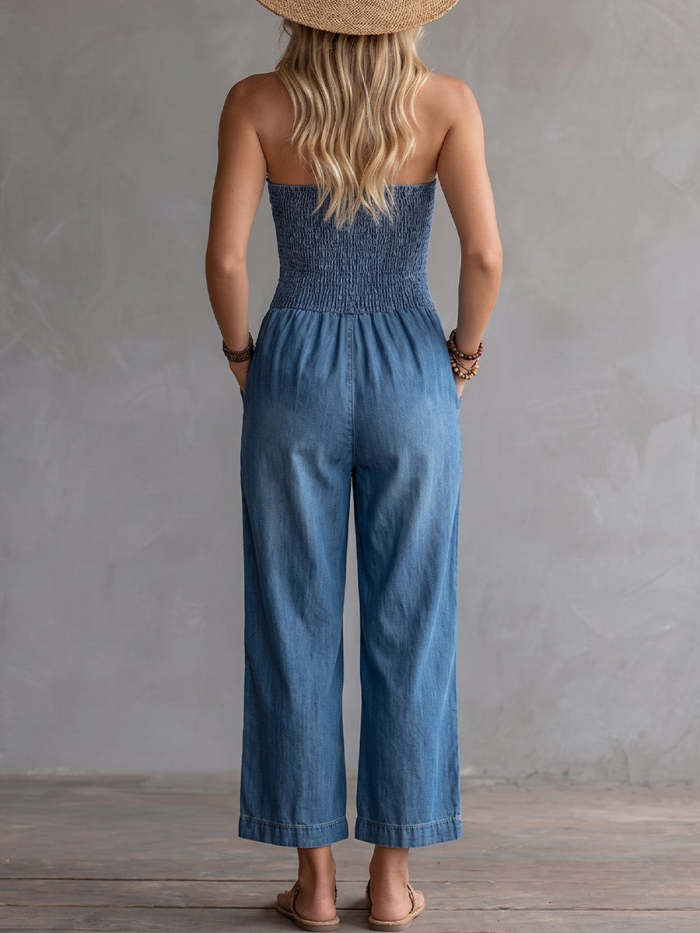 Women's Strapless Sleeveless Loose-fit Denim Jumpsuit With Wide Legs