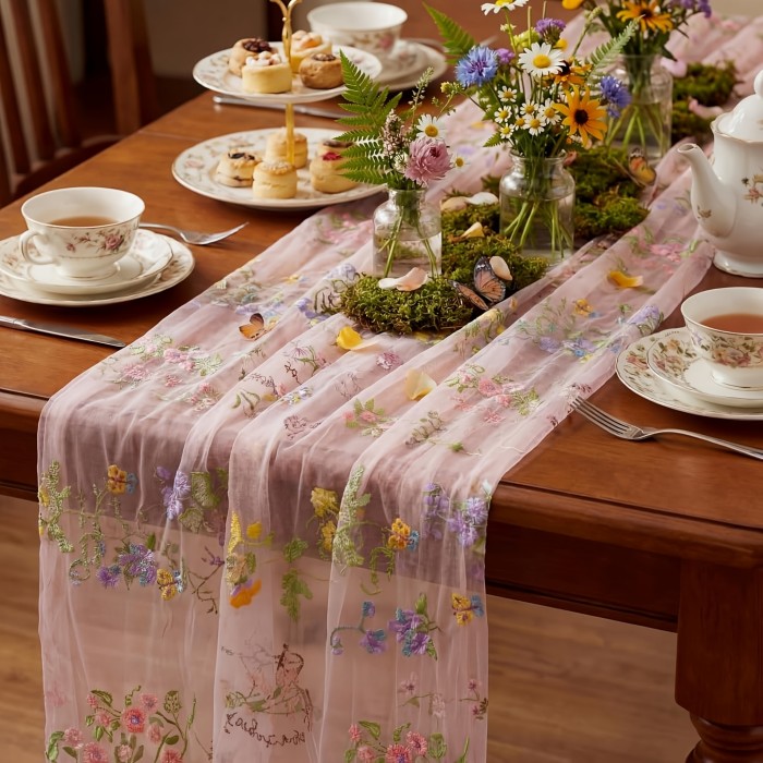 10Ft Floral Garden Tulle Table Runner for Spring, Perfect for Decorating Your Dining Table During Holidays, Weddings, Baby Showers, And Birthdays