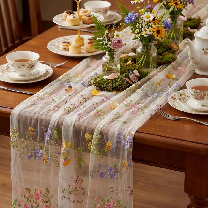 10Ft Floral Garden Tulle Table Runner for Spring, Perfect for Decorating Your Dining Table During Holidays, Weddings, Baby Showers, And Birthdays