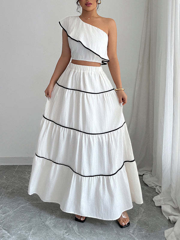 Sleeveless Elasticity Pleated One-Shoulder Vest Top + A-Line Skirts Bottom Two Pieces Set