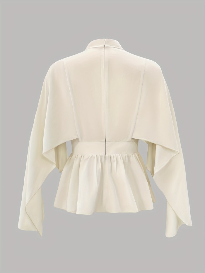 Solid Color Front Pleat Casual Shirt, Fashion High Neck Shirt, Women's Clothing
