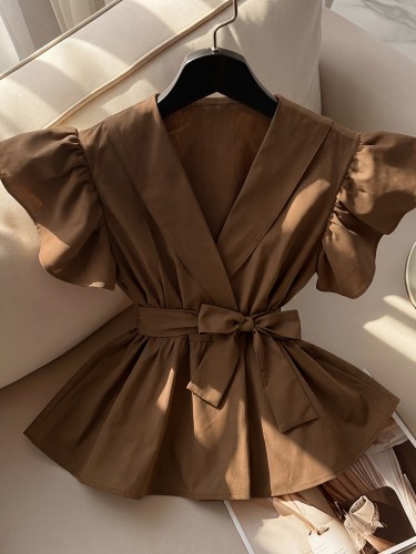 Women'S Blouse, Ladies Elegant V-Neck Solid Ruffled Sleeve Fashion Shirt with Belt ASD1