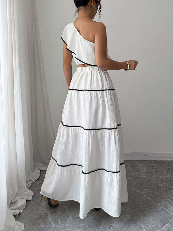 Sleeveless Elasticity Pleated One-Shoulder Vest Top + A-Line Skirts Bottom Two Pieces Set