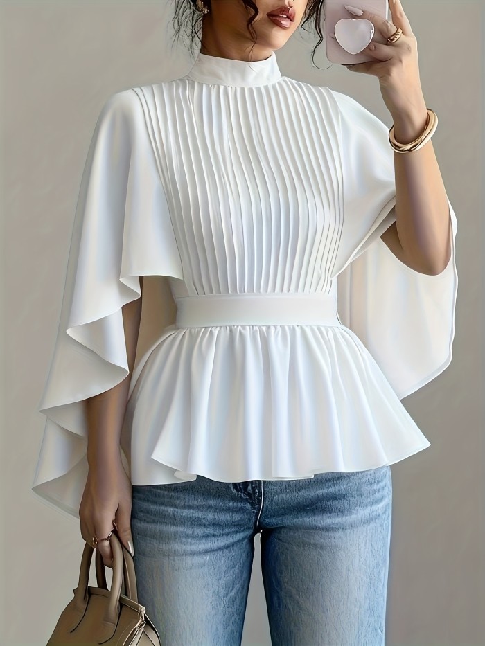 Solid Color Front Pleat Casual Shirt, Fashion High Neck Shirt, Women's Clothing