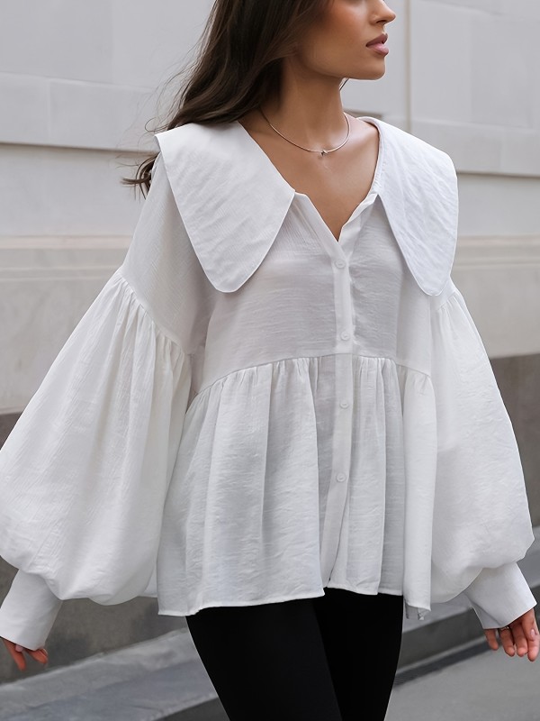 Elegant Women's Shirt Women's Fashion Elegant Solid Color Shirt - Seasonal New Loose Hem V-Neck Gavin
