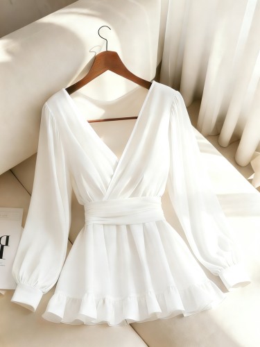 Women's Tie-Back Shirt Elegant French-Style Pleated Waist Design Tie-Back Shirt for Women - High-End V-Neck Top