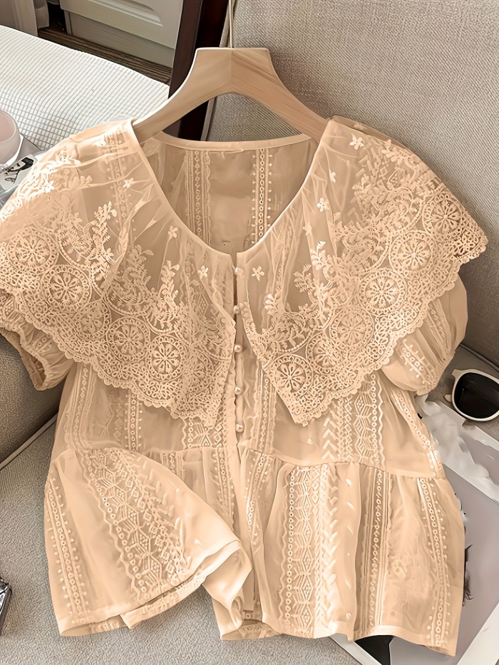 Women'S Elegant Casual V-Neck Lace Blouse with Ruffled Trim