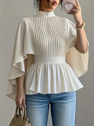 Solid Color Front Pleat Casual Shirt, Fashion High Neck Shirt, Women's Clothing