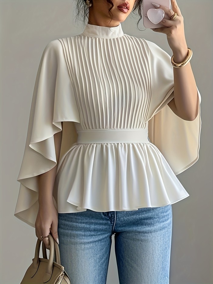 Solid Color Front Pleat Casual Shirt, Fashion High Neck Shirt, Women's Clothing