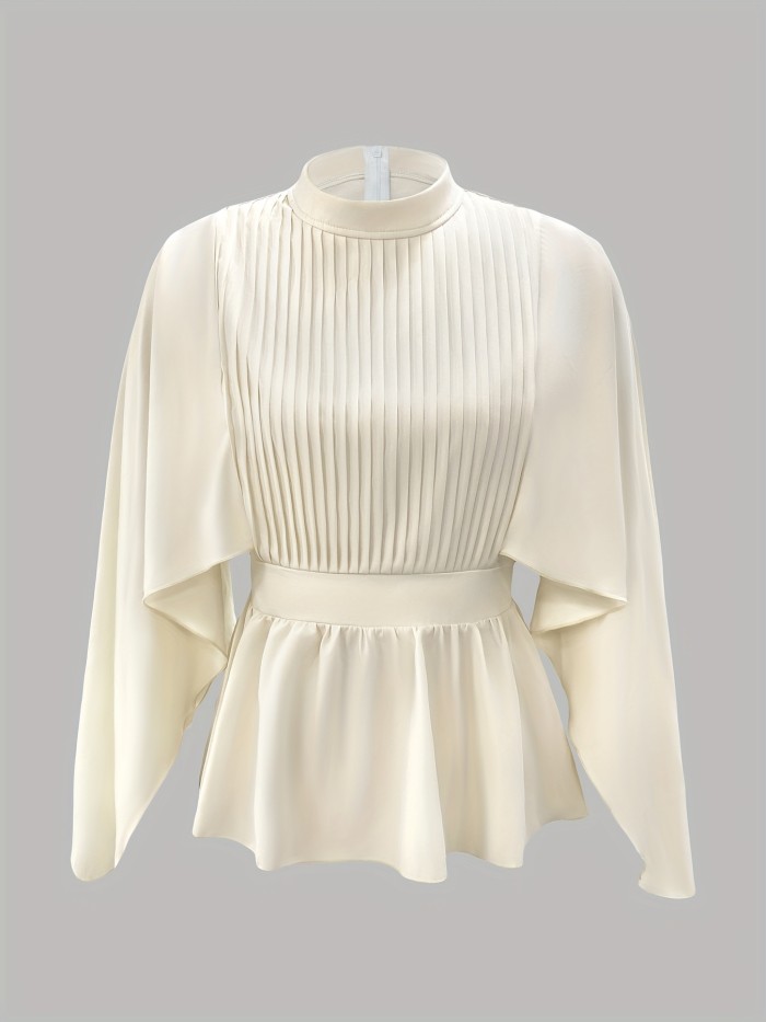 Solid Color Front Pleat Casual Shirt, Fashion High Neck Shirt, Women's Clothing