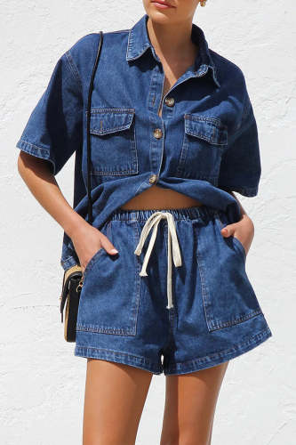 Casual Distressed Draw String Pocket Turndown Collar Short Sleeve Two Pieces