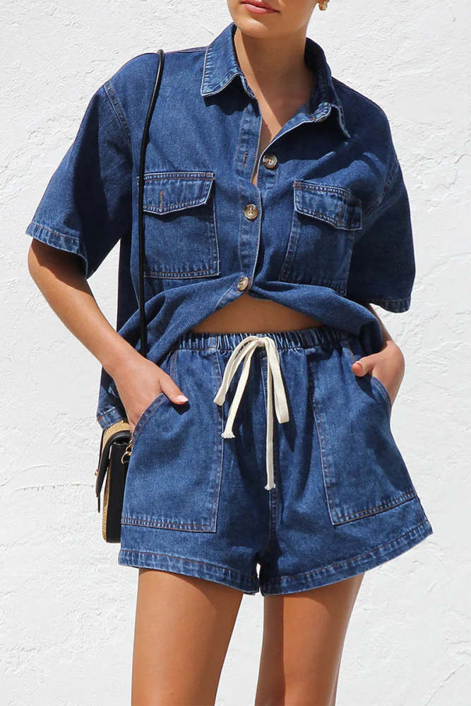 Casual Distressed Draw String Pocket Turndown Collar Short Sleeve Two Pieces