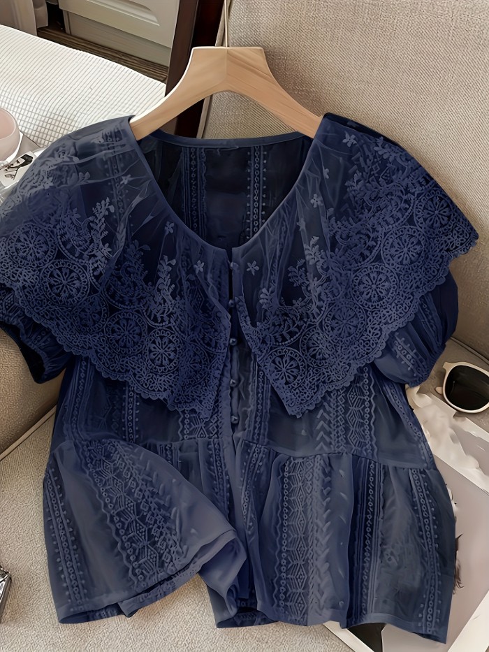 Women'S Elegant Casual V-Neck Lace Blouse with Ruffled Trim
