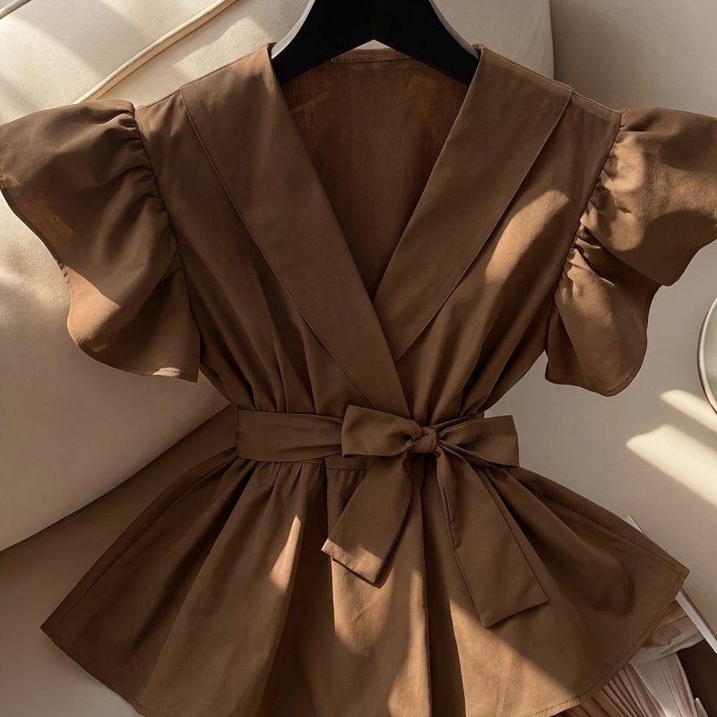 Women'S Blouse, Ladies Elegant V-Neck Solid Ruffled Sleeve Fashion Shirt with Belt ASD1