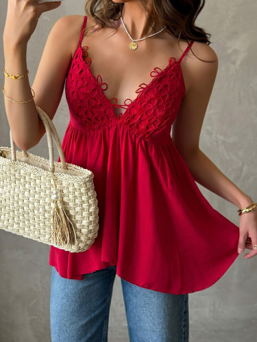 Solid Color Pleated Jacquard Sleeveless Loose Spaghetti-Neck Tank Top
