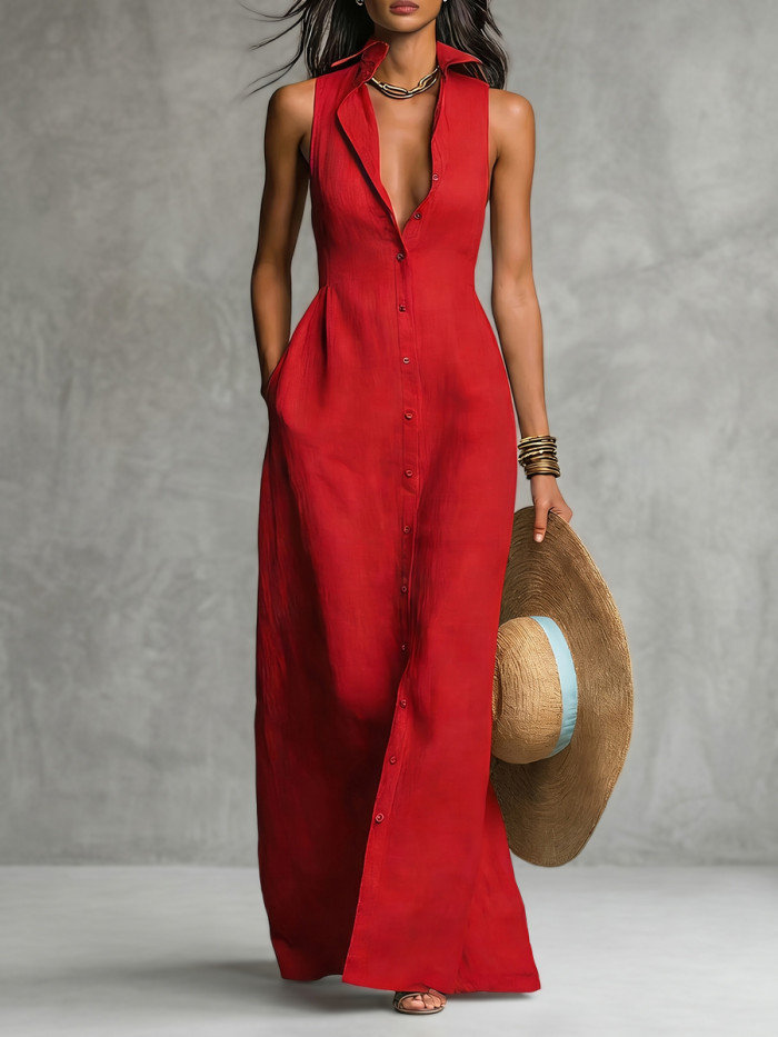 Solid Color Pockets Buttoned Sleeveless High Waisted Lapel Shirt Dress Maxi Dresses