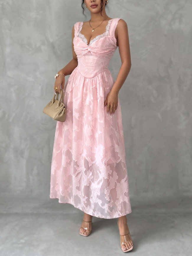Split-Joint Solid Color See-Through Pleated Jacquard Sleeveless High Waisted V-Neck Midi Dresses