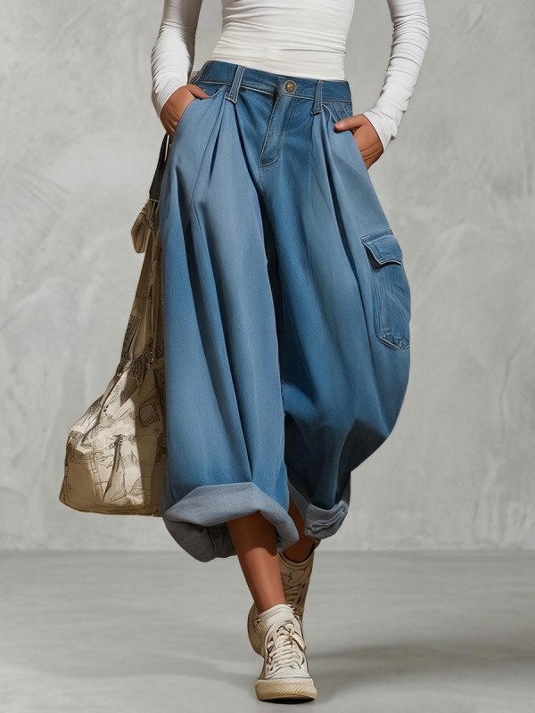 Solid Color Pockets Pleated Buttoned Wide Leg Cropped Jean Pants Bottoms