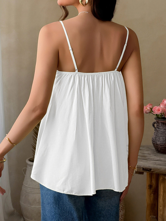 Solid Color Pleated Jacquard Sleeveless Loose Spaghetti-Neck Tank Top