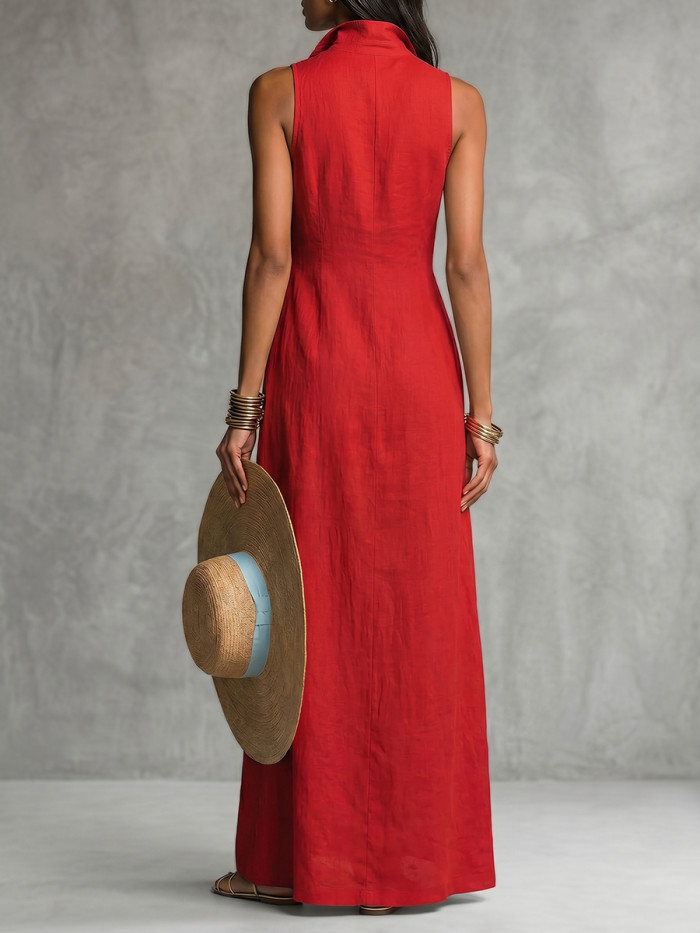 Solid Color Pockets Buttoned Sleeveless High Waisted Lapel Shirt Dress Maxi Dresses