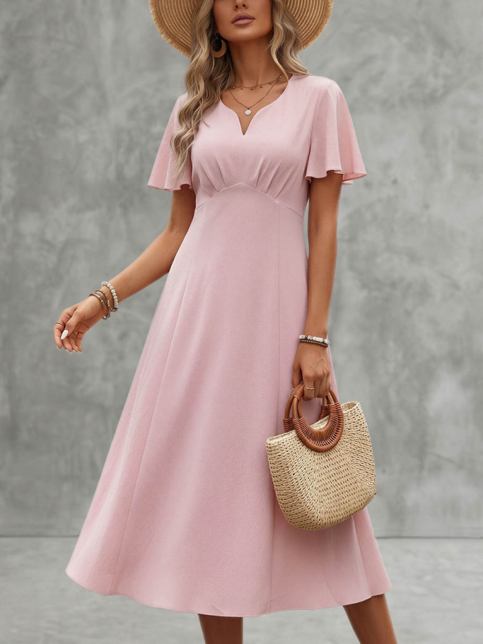 Solid Color Pleated Short Sleeves High Waisted V-neck Midi Dresses