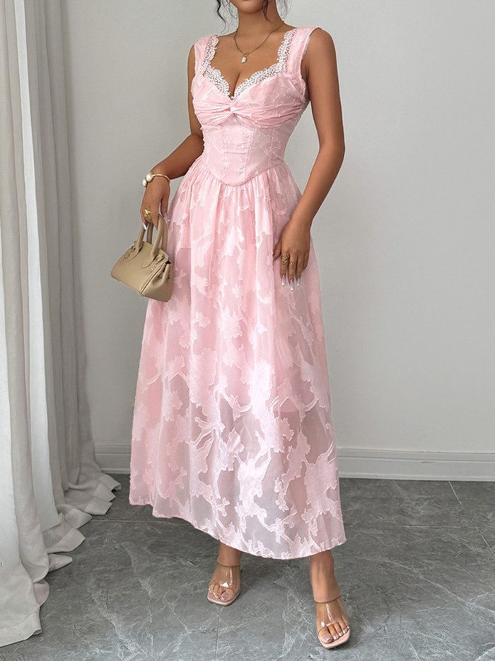 Split-Joint Solid Color See-Through Pleated Jacquard Sleeveless High Waisted V-Neck Midi Dresses