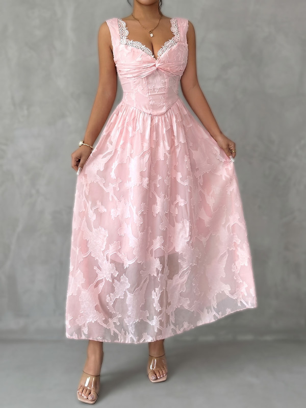 Split-Joint Solid Color See-Through Pleated Jacquard Sleeveless High Waisted V-Neck Midi Dresses