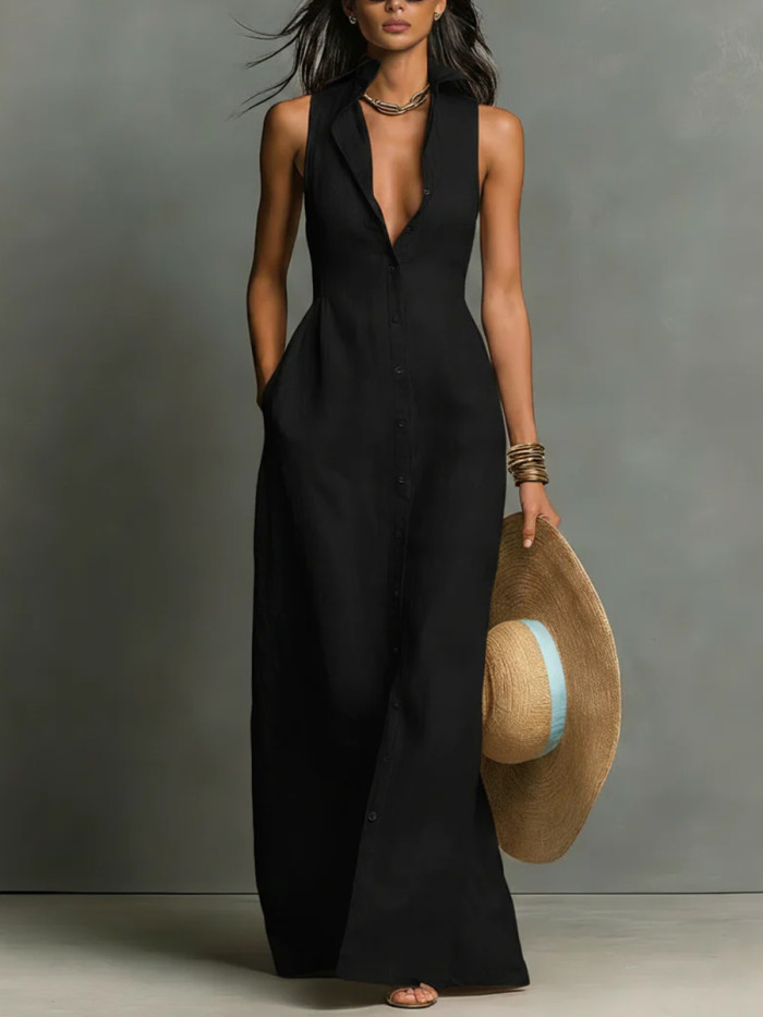 Solid Color Pockets Buttoned Sleeveless High Waisted Lapel Shirt Dress Maxi Dresses