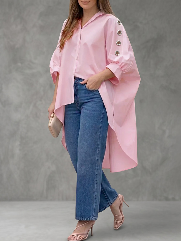 Solid Color Pleated Hollow Buttoned Three-Quarter Sleeves Puff Sleeves Lapel Blouses&Shirts Tops