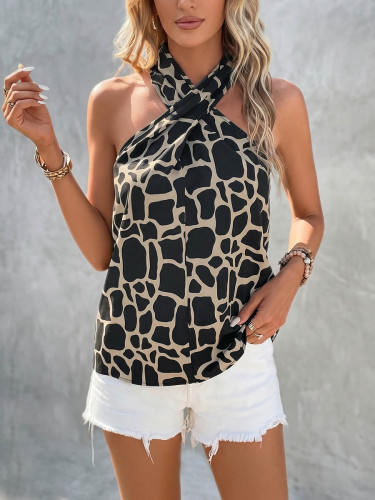 Leopard Contrast Color Sleeveless Halter-Neck Tank Top