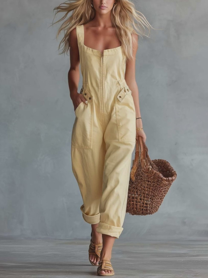 Zipper Solid Color Pockets Buttoned Sleeveless High Waisted Square-neck Jumpsuits